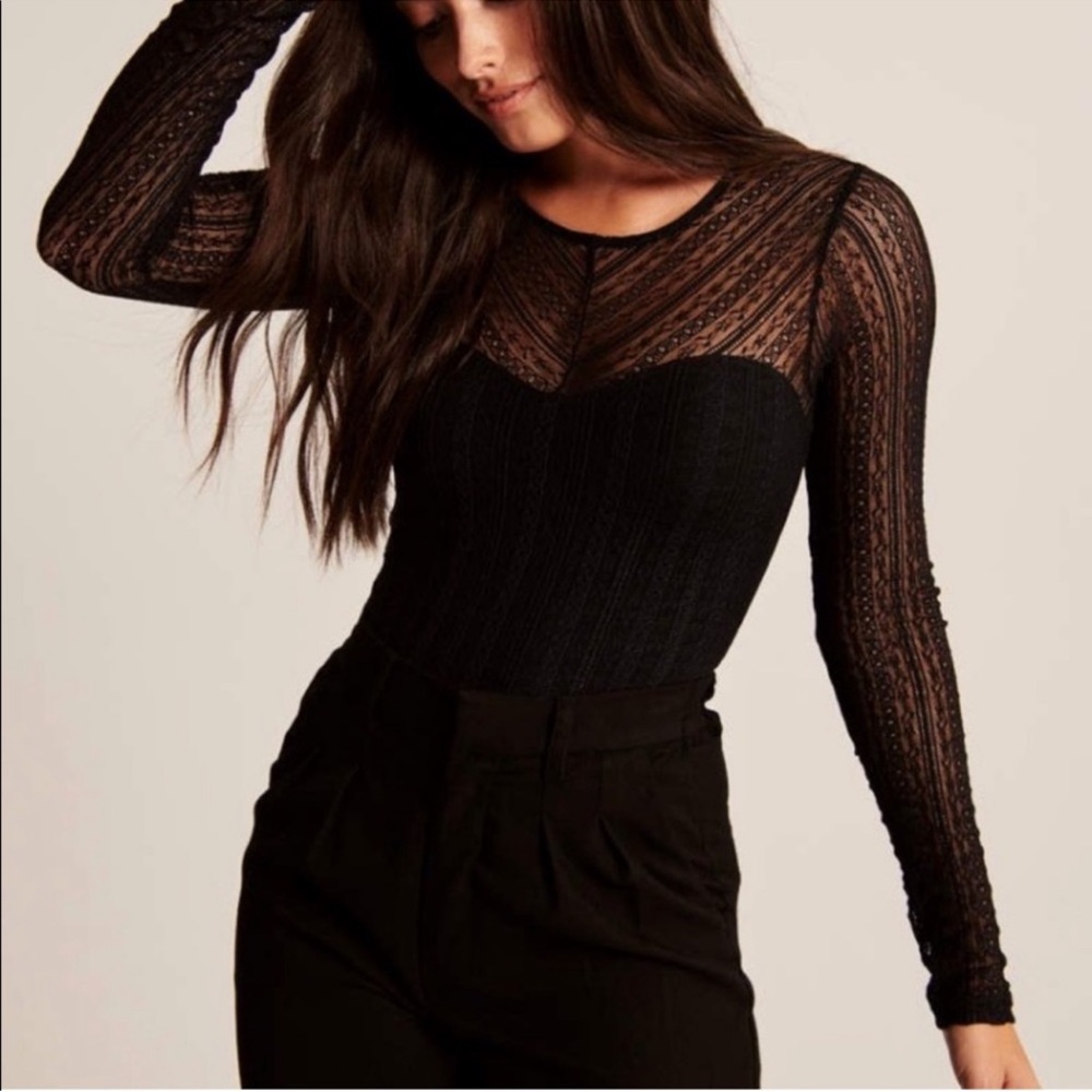 Abercrombie & Fitch Black Lace Long-Sleeve Sheer Bodysuit